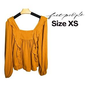 Free People Womens Blouse Gold Yellow Peasant Ruffles Balloon Sleeve Boho XS EUC